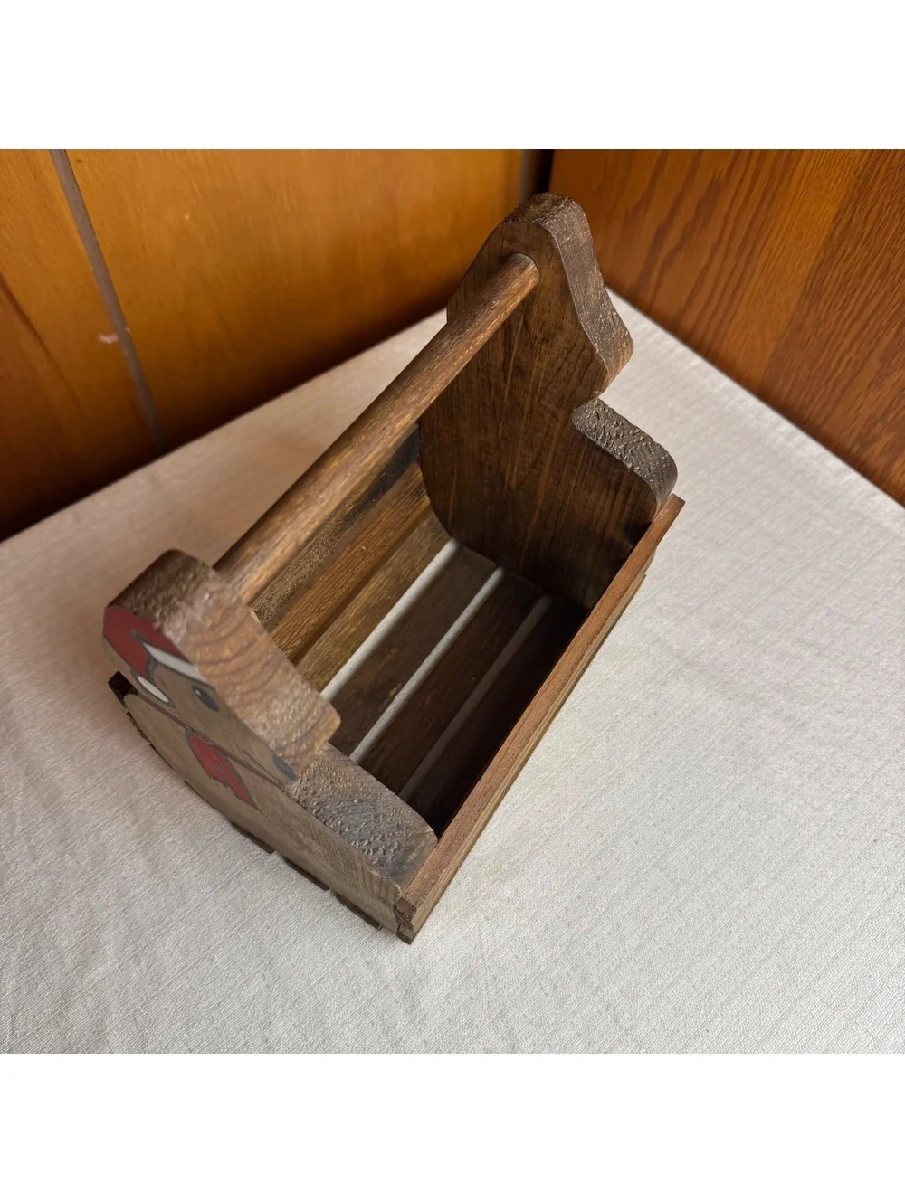 Vintage Wooden Teddy Bear Basket Christmas Storage Caddy Rustic Holiday Decor